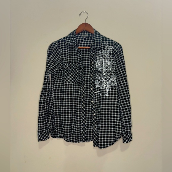 Daytrip-Black&White button-up plaid print shirt - Picture 1 of 6
